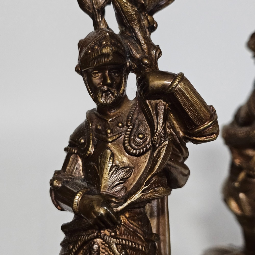Attractive 19thc Pr of Gilded Bronze Candlesticks Modelled as Knights View XI