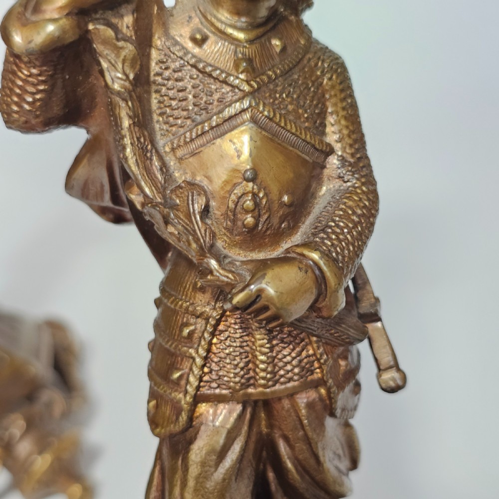 Attractive 19thc Pr of Gilded Bronze Candlesticks Modelled as Knights View XII