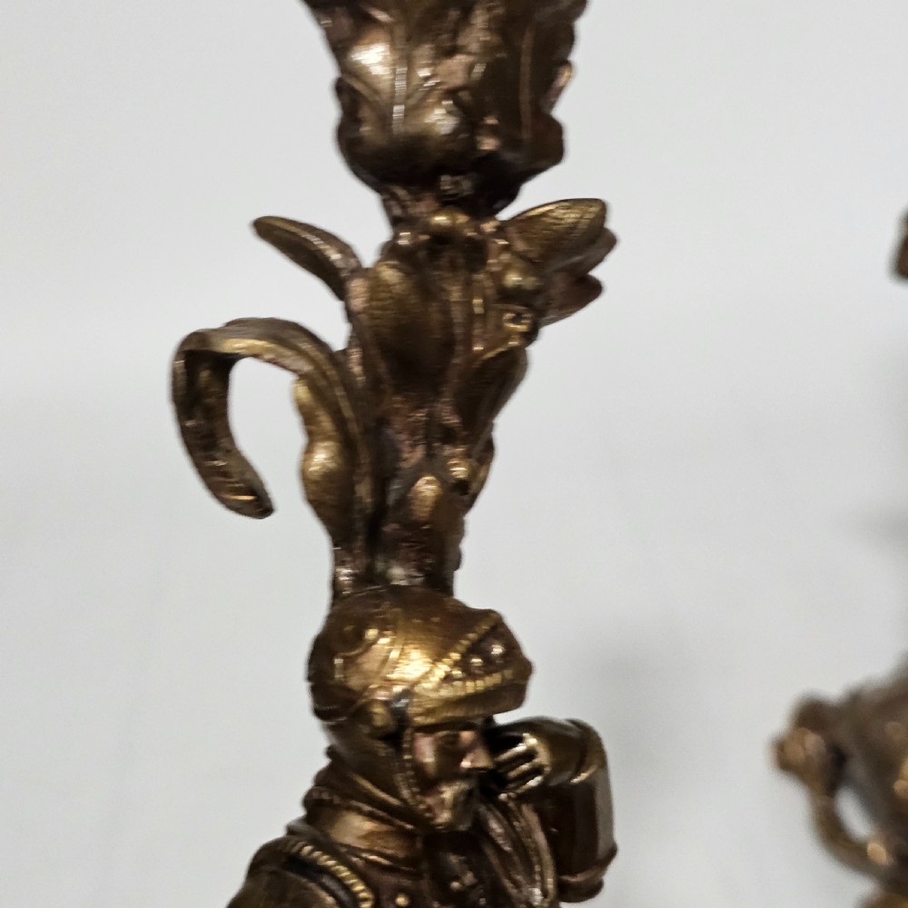Attractive 19thc Pr of Gilded Bronze Candlesticks Modelled as Knights View XIII