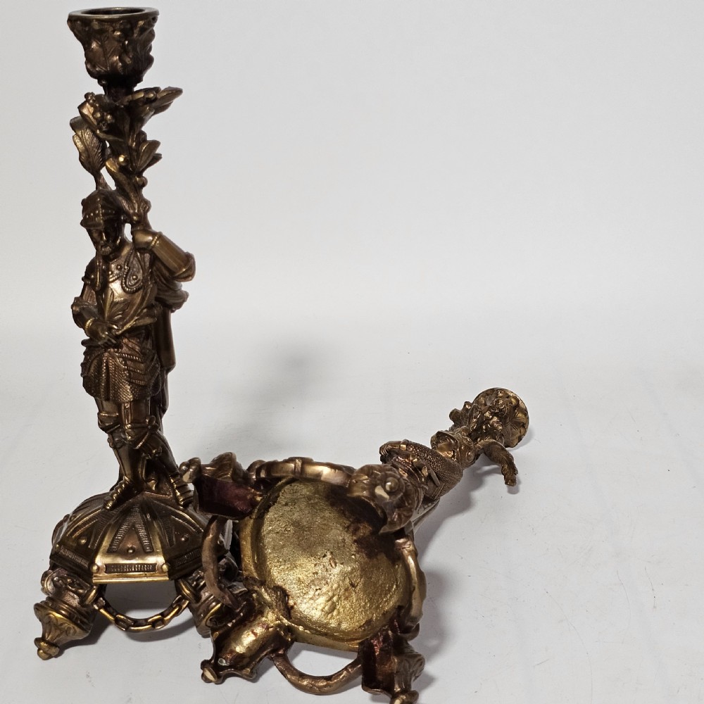 Attractive 19thc Pr of Gilded Bronze Candlesticks Modelled as Knights View XIV