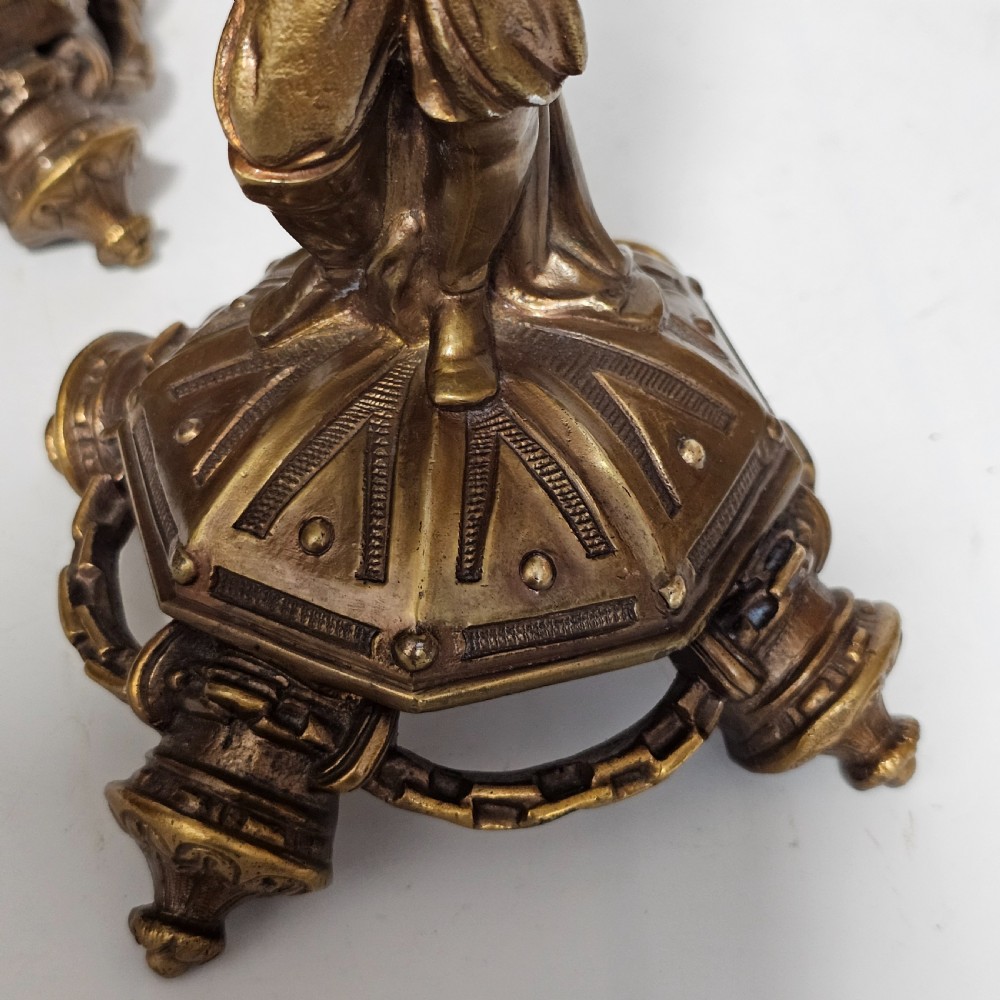 Attractive 19thc Pr of Gilded Bronze Candlesticks Modelled as Knights View XV