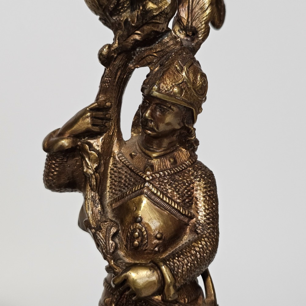 Attractive 19thc Pr of Gilded Bronze Candlesticks Modelled as Knights View XVI