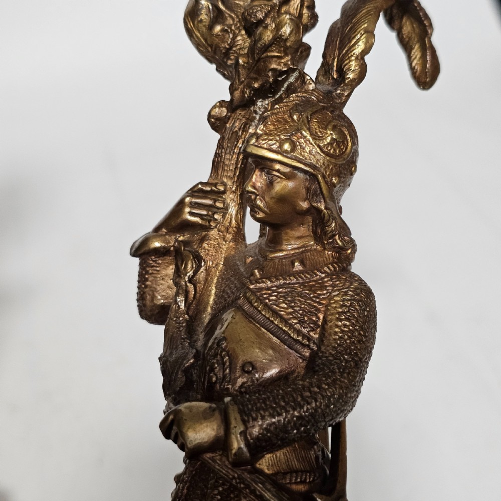 Attractive 19thc Pr of Gilded Bronze Candlesticks Modelled as Knights View XVII