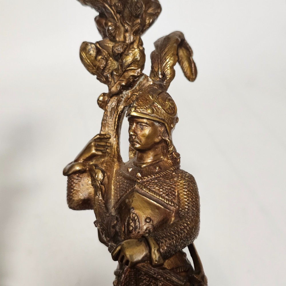 Attractive 19thc Pr of Gilded Bronze Candlesticks Modelled as Knights View XVIII