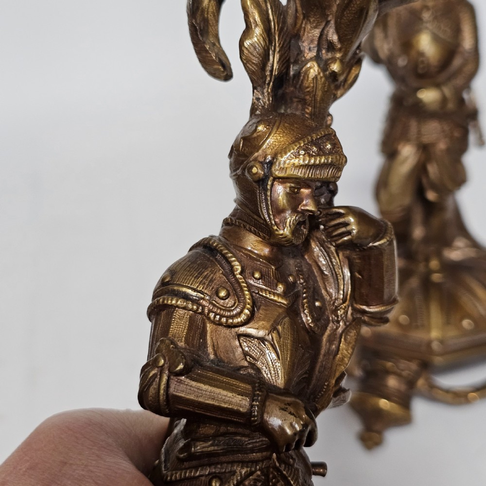 Attractive 19thc Pr of Gilded Bronze Candlesticks Modelled as Knights View XIX
