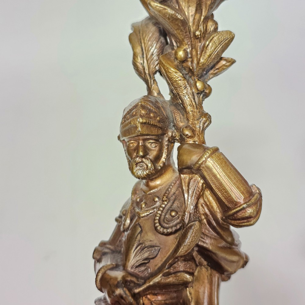 Attractive 19thc Pr of Gilded Bronze Candlesticks Modelled as Knights View XXI