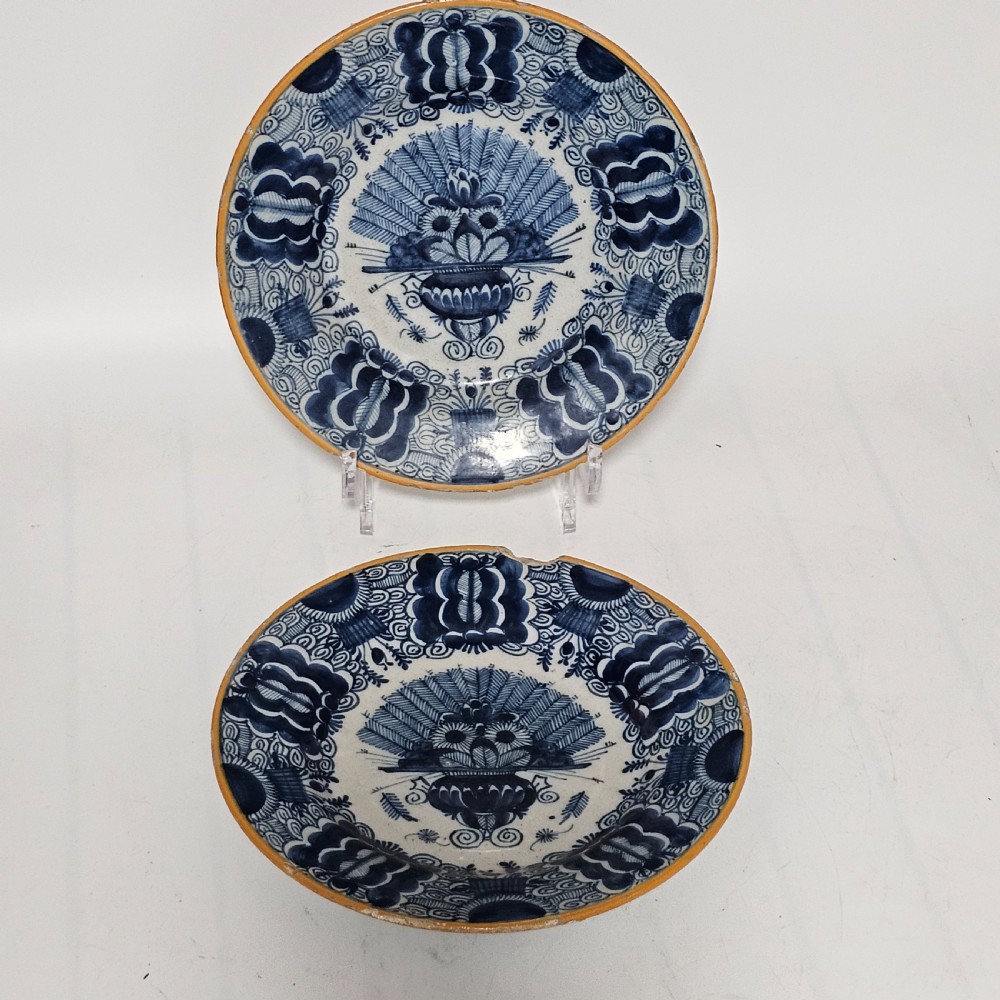 A Pair of Antique Dutch 18th Century Blue & White Faience Delft “Waaierbord”, or Peacock Plates