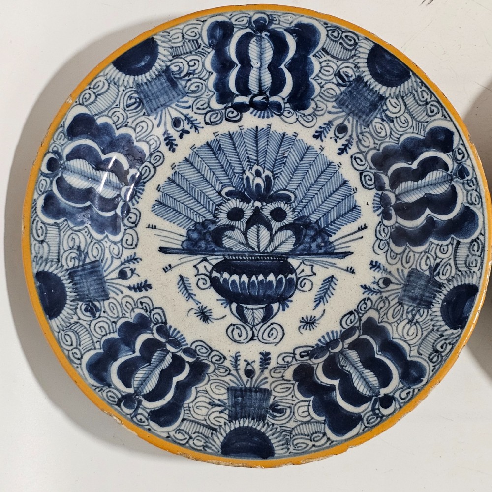 A Pair of Antique Dutch 18th Century Blue & White Faience Delft “Waaierbord”, or Peacock Plates View II