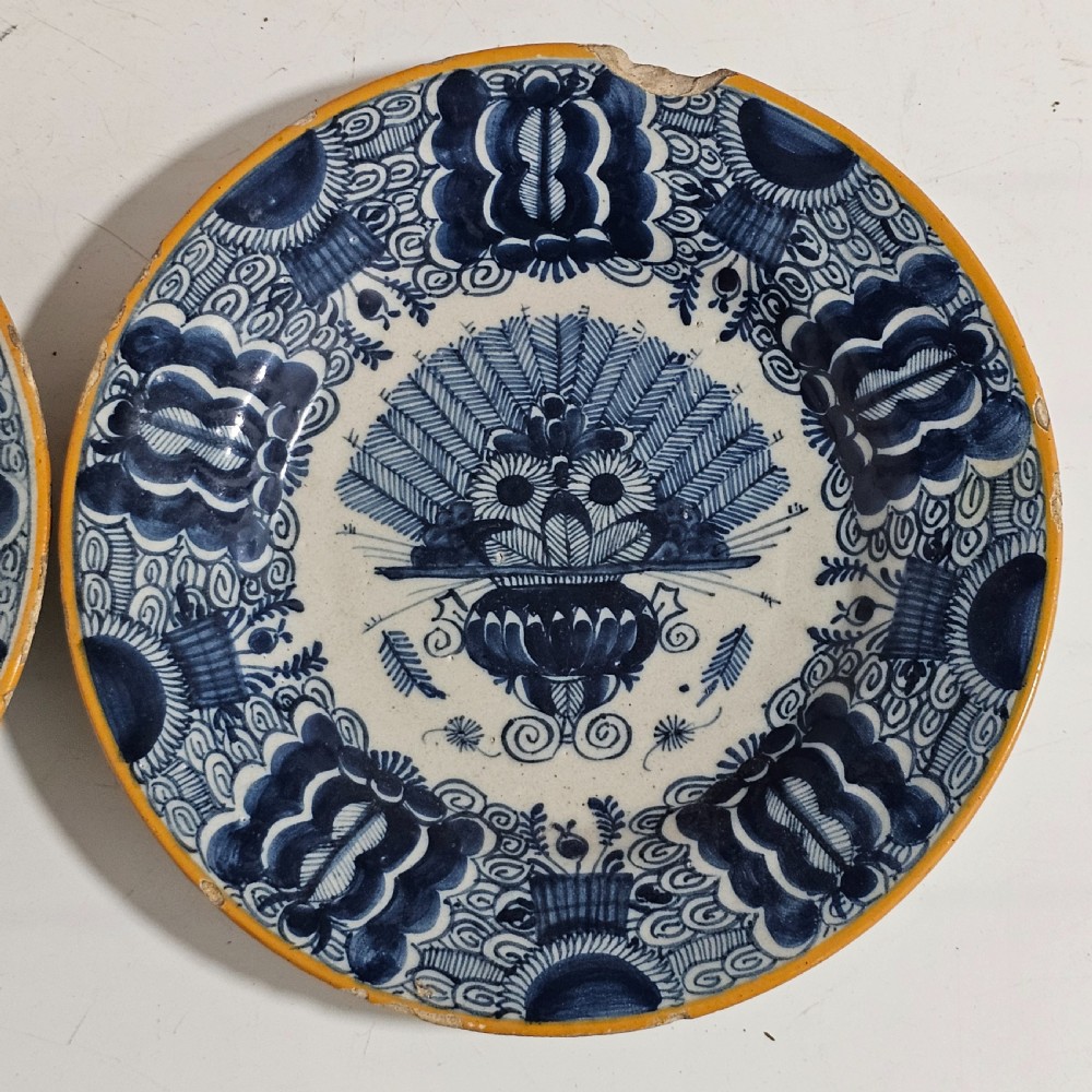 A Pair of Antique Dutch 18th Century Blue & White Faience Delft “Waaierbord”, or Peacock Plates View III