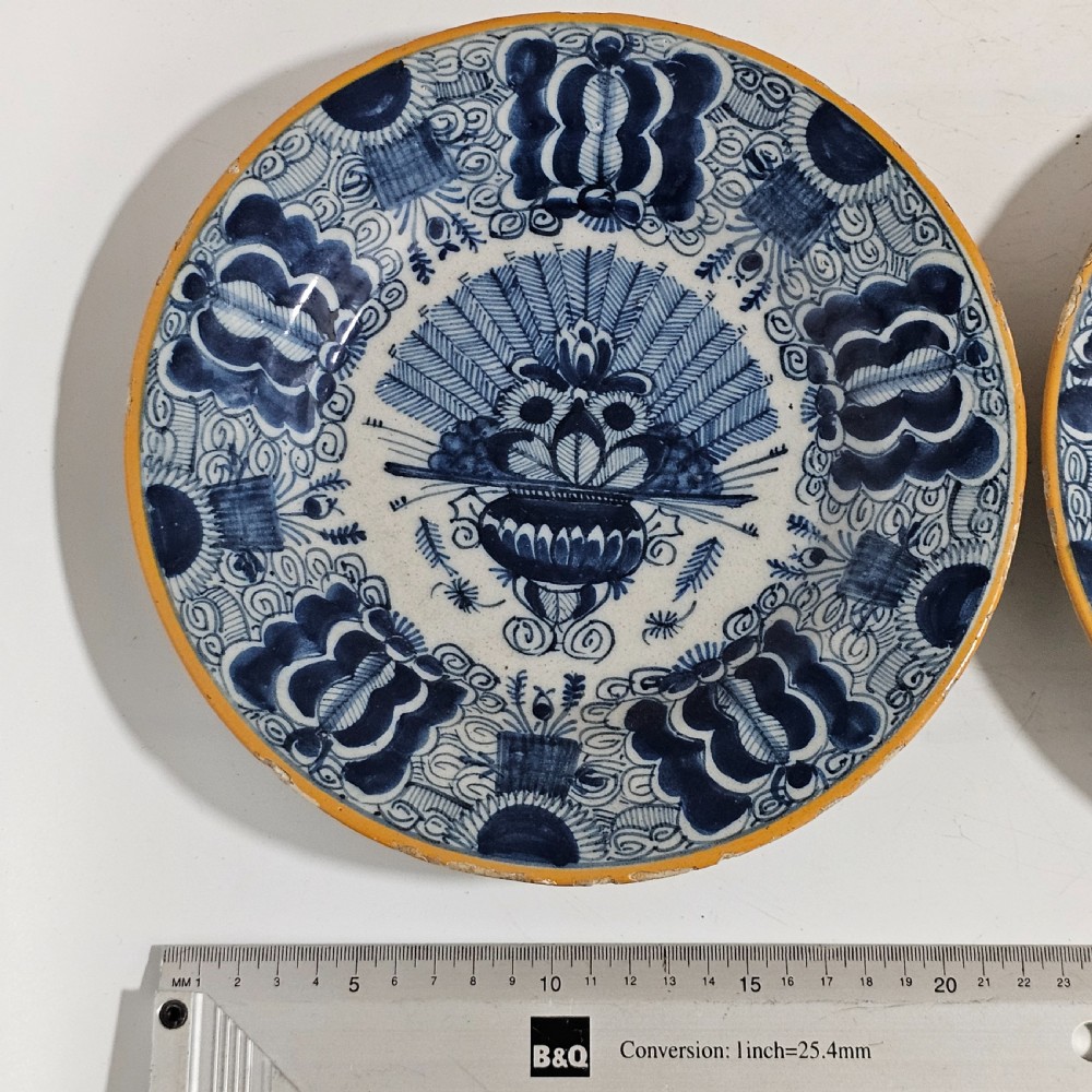 A Pair of Antique Dutch 18th Century Blue & White Faience Delft “Waaierbord”, or Peacock Plates View X