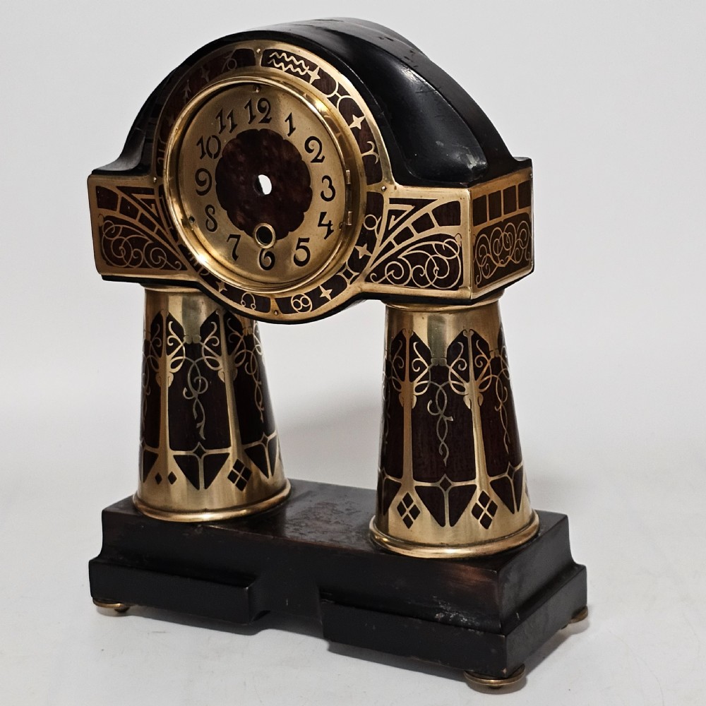 Erhard & Sohne Art Nouveau Secessionist brass and rosewood Intarsia clock Frame View II