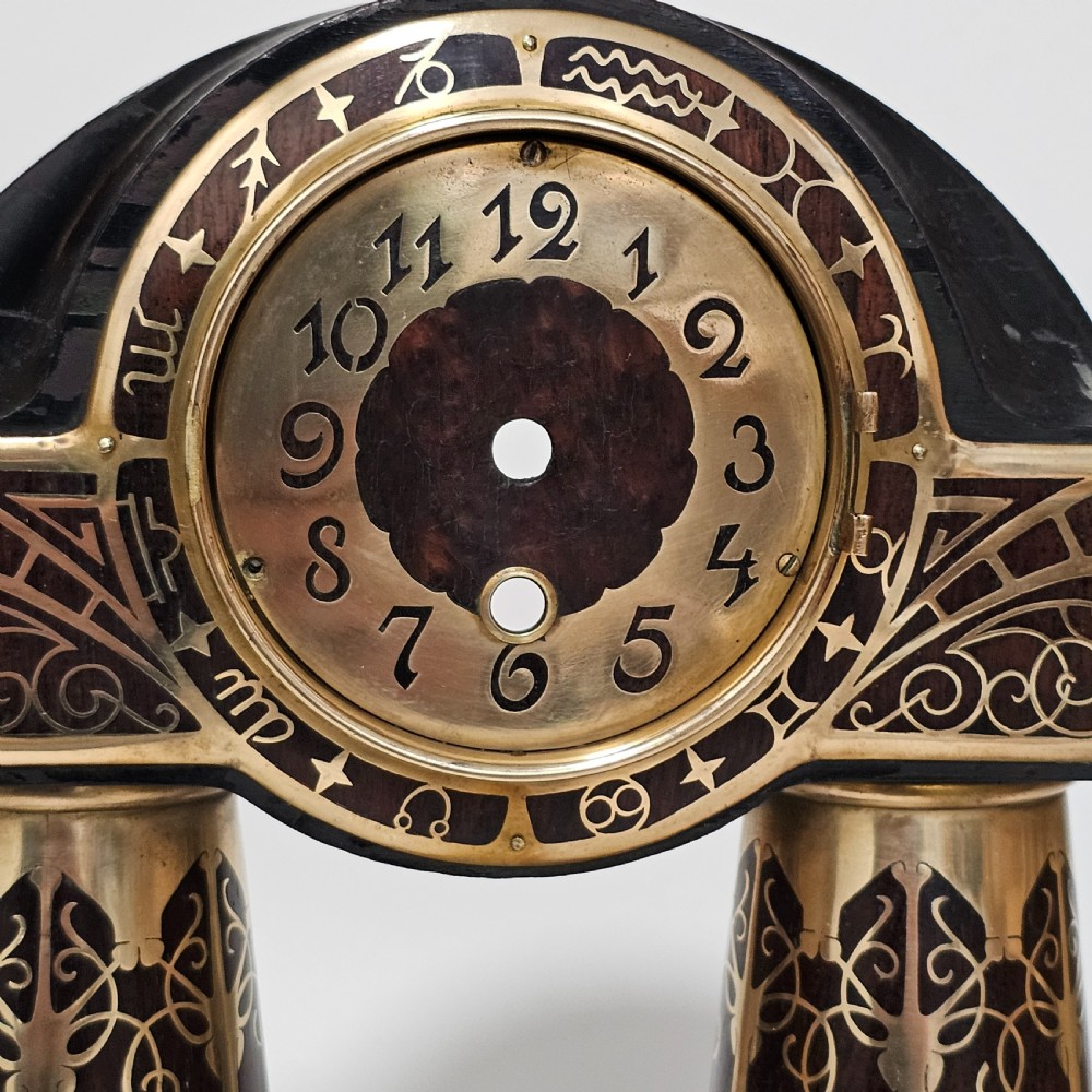 Erhard & Sohne Art Nouveau Secessionist brass and rosewood Intarsia clock Frame View IX