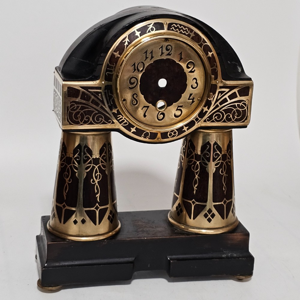 Erhard & Sohne Art Nouveau Secessionist brass and rosewood Intarsia clock Frame View X
