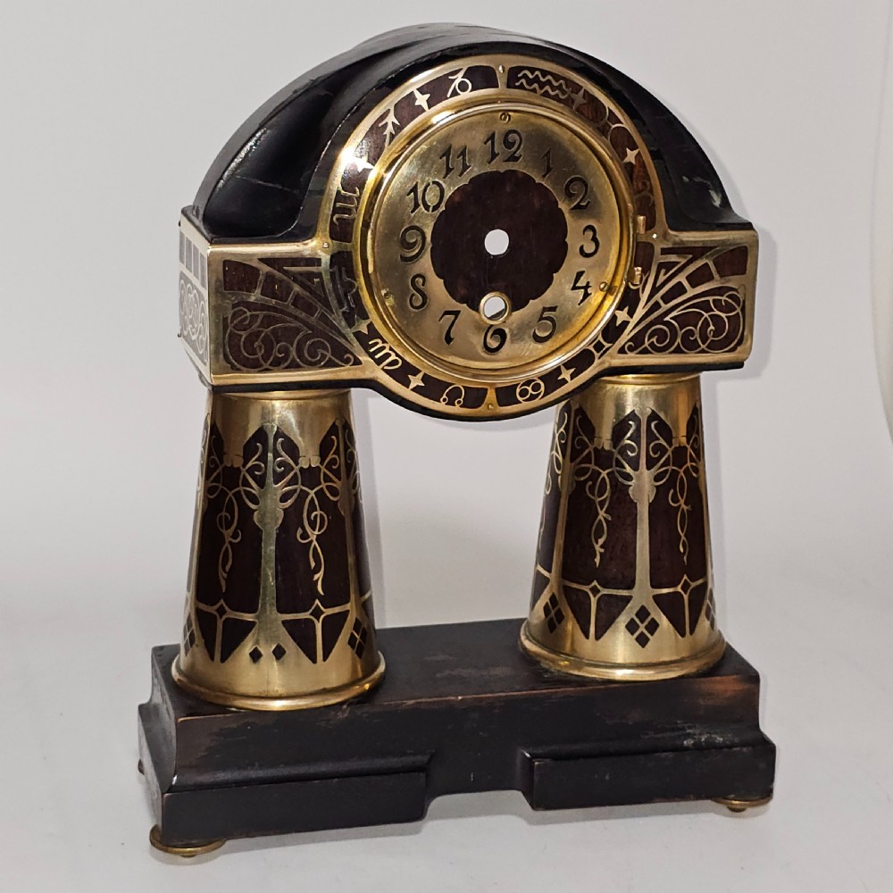 Erhard & Sohne Art Nouveau Secessionist brass and rosewood Intarsia clock Frame View XII