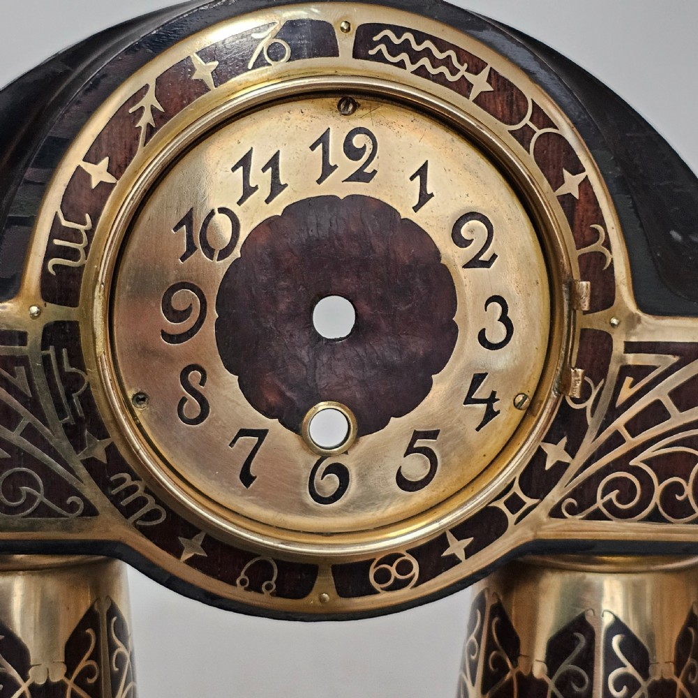 Erhard & Sohne Art Nouveau Secessionist brass and rosewood Intarsia clock Frame View XVI