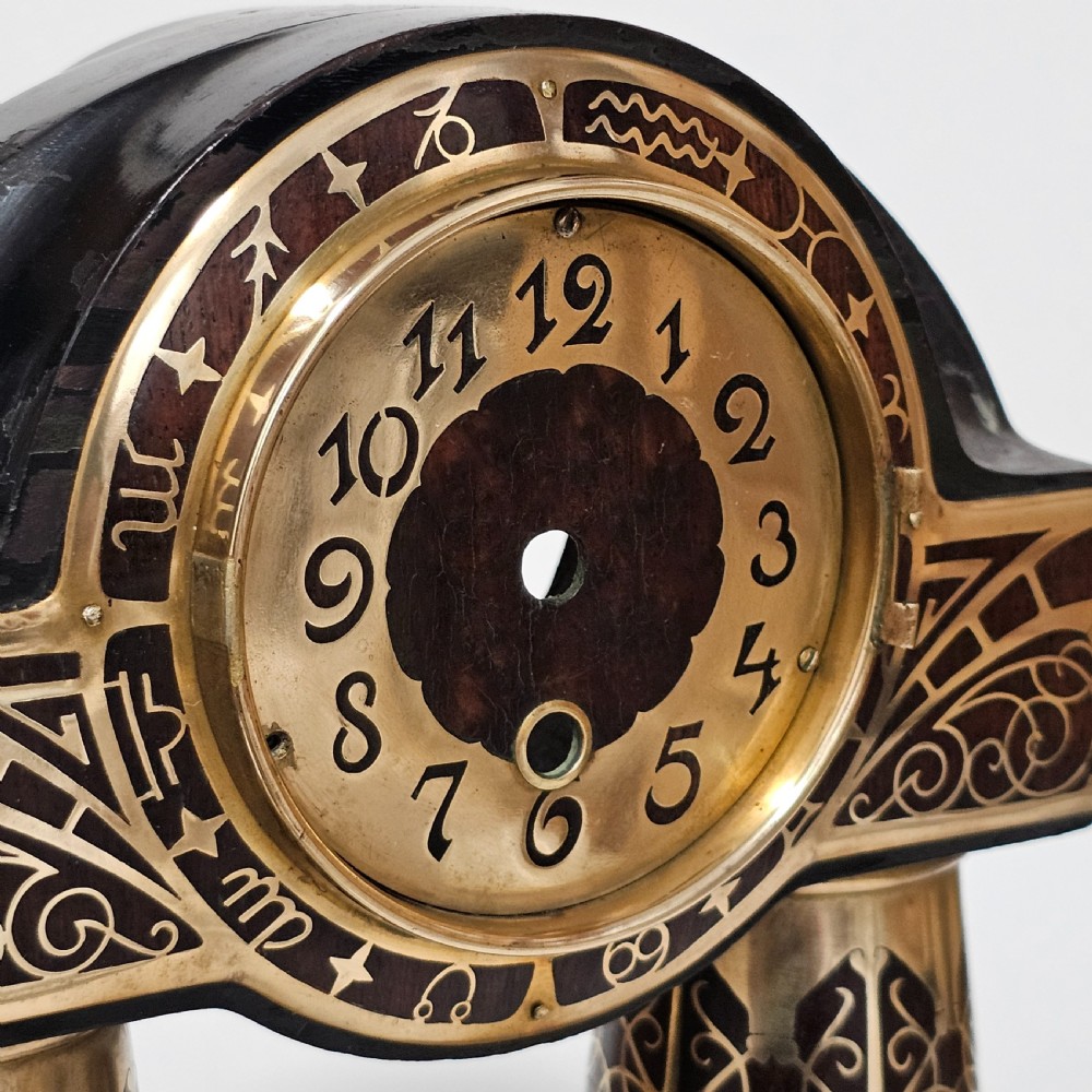 Erhard & Sohne Art Nouveau Secessionist brass and rosewood Intarsia clock Frame View XXII