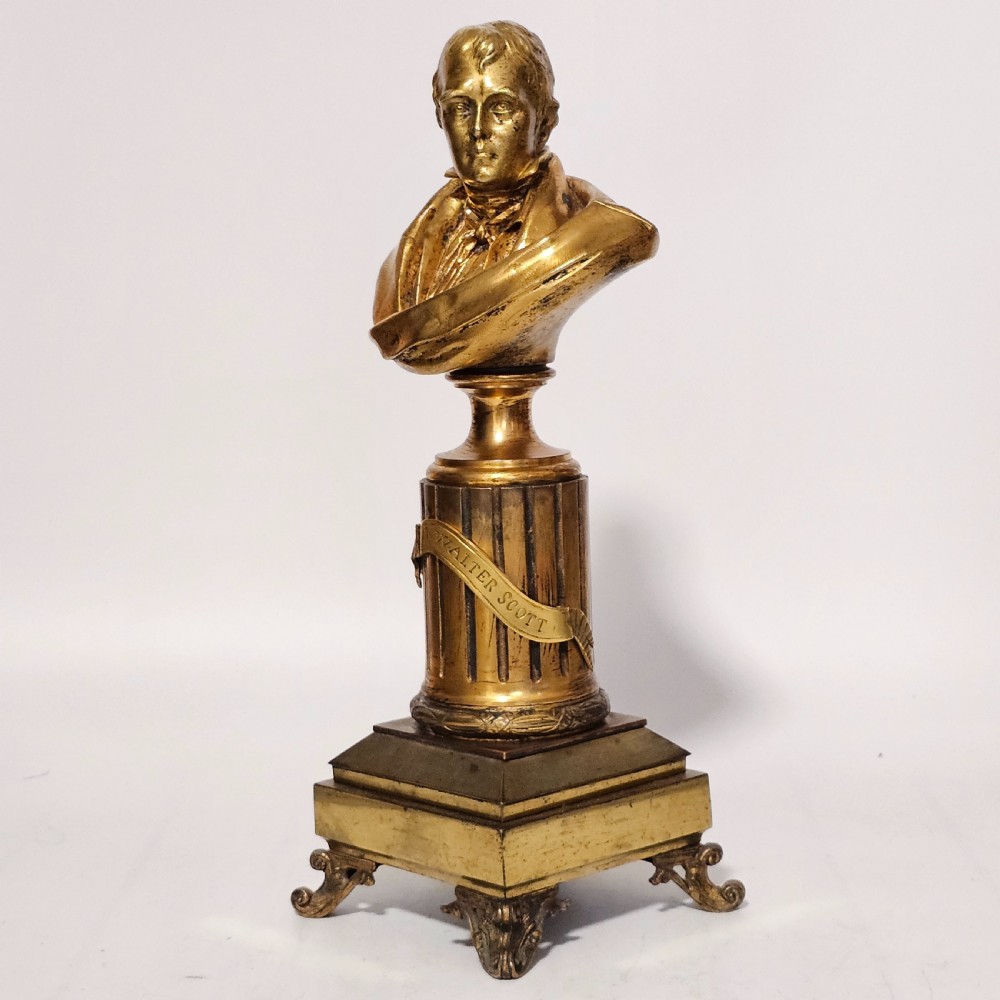 Fine 19thc 34cm Gilt Bronze Bust of Sir Walter Scott on Fluted Bronze Column 