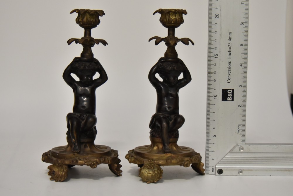 Attractive Pair of Bronze & Brass Cherub Candlesticks, circa 1900
 View X