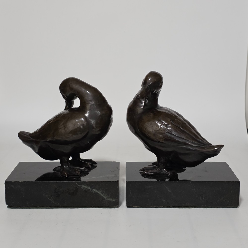 Fine Quality Large Pair of Late 19thc/Early 20thc Continental Bronze Ducks on Marble Plinths 21cm High View II