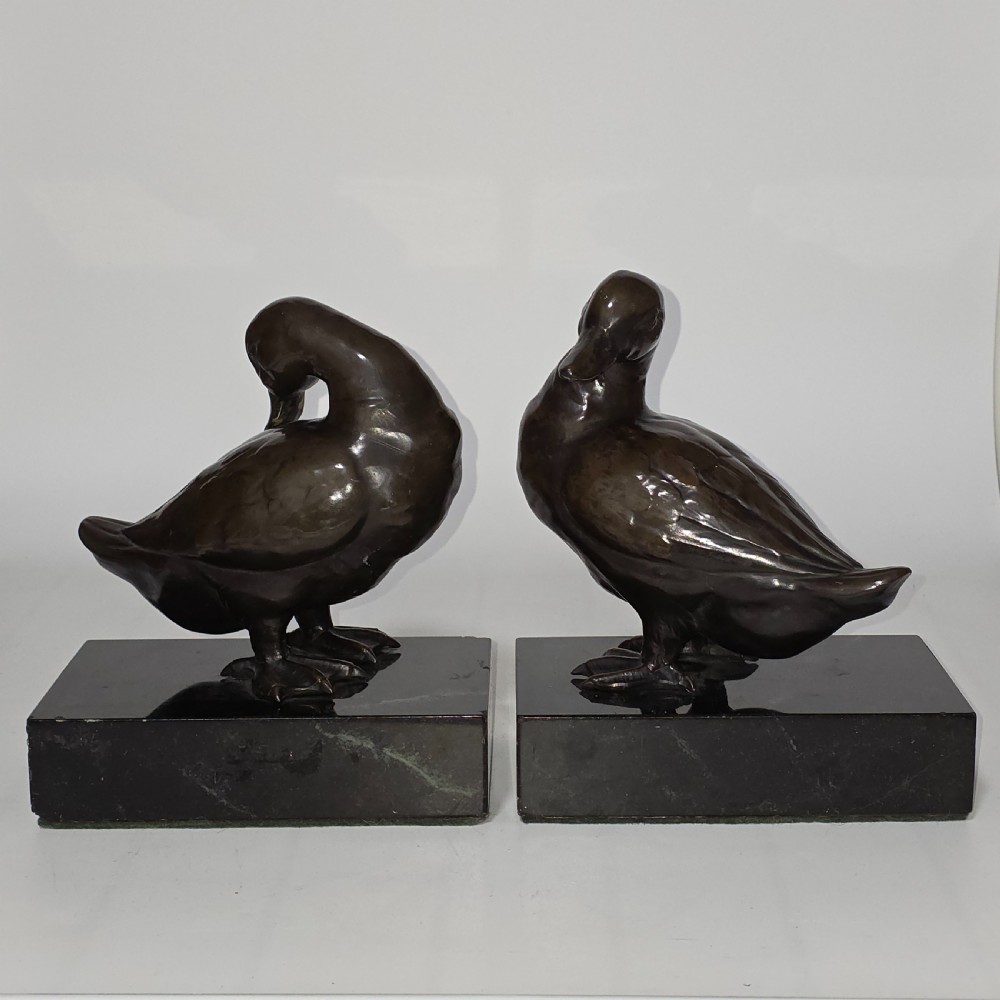 Fine Quality Large Pair of Late 19thc/Early 20thc Continental Bronze Ducks on Marble Plinths 21cm High View V