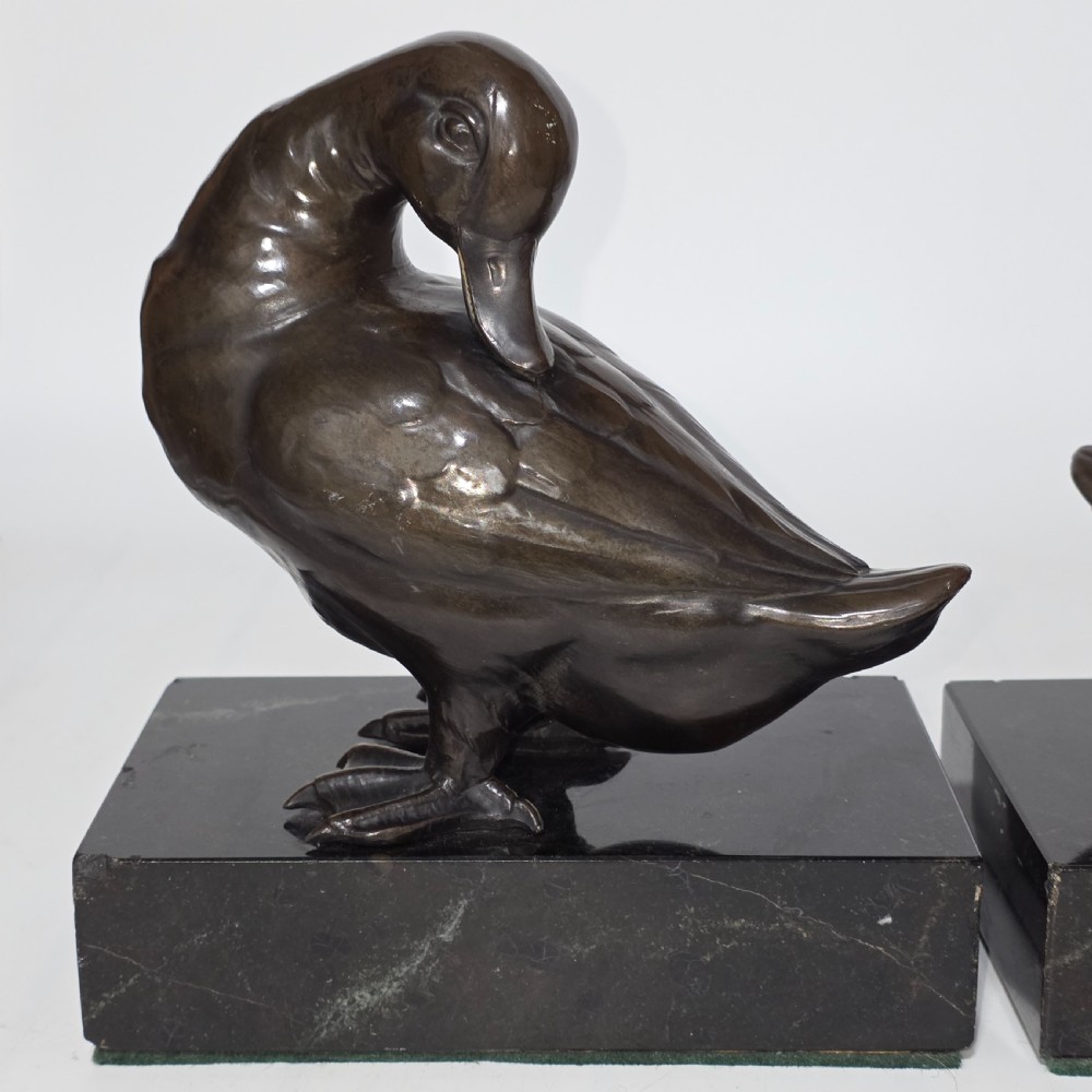 Fine Quality Large Pair of Late 19thc/Early 20thc Continental Bronze Ducks on Marble Plinths 21cm High View X
