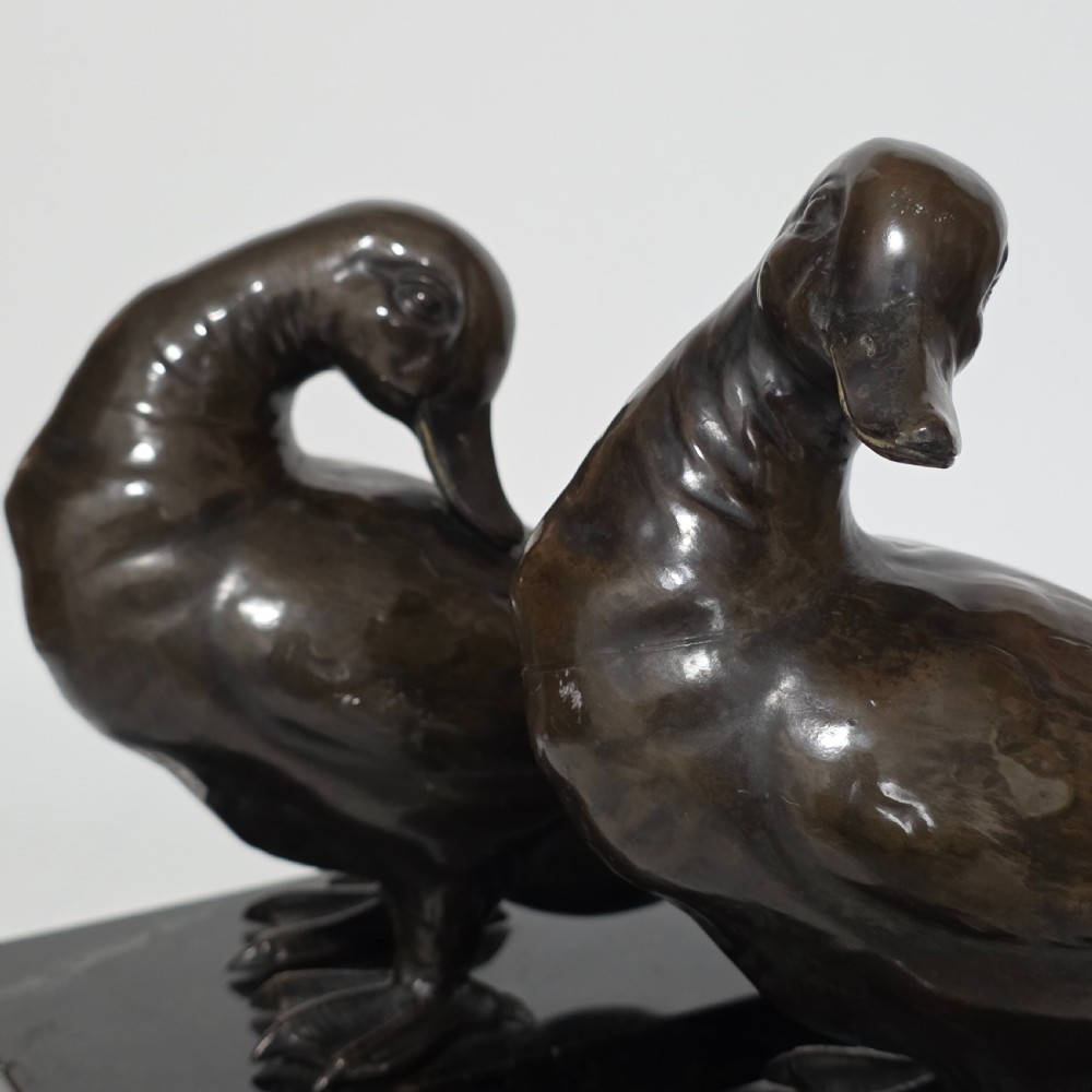 Fine Quality Large Pair of Late 19thc/Early 20thc Continental Bronze Ducks on Marble Plinths 21cm High View XIV