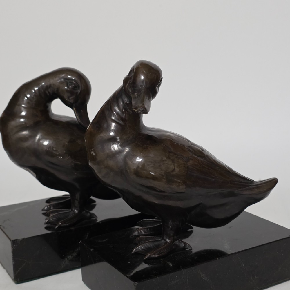 Fine Quality Large Pair of Late 19thc/Early 20thc Continental Bronze Ducks on Marble Plinths 21cm High View XV