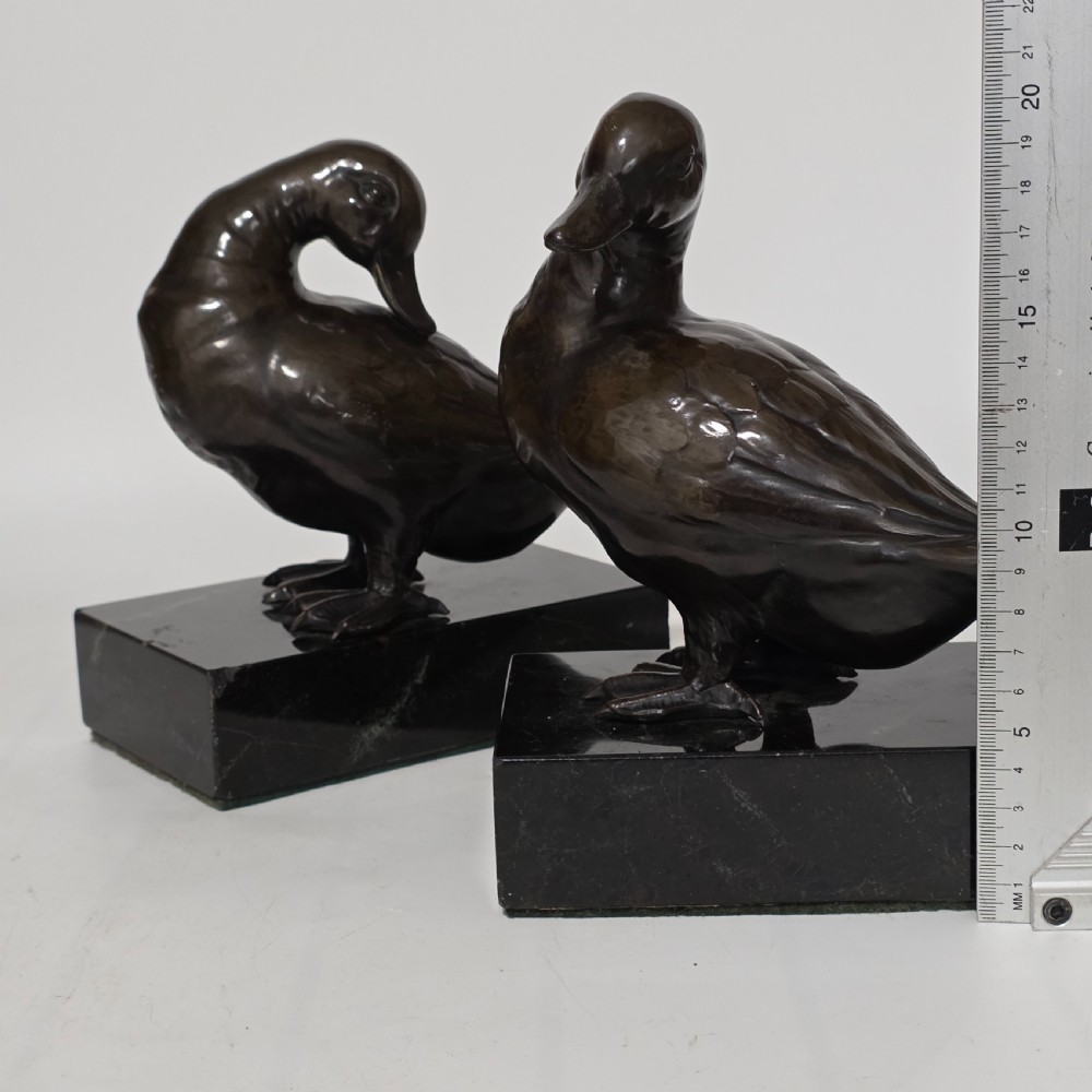 Fine Quality Large Pair of Late 19thc/Early 20thc Continental Bronze Ducks on Marble Plinths 21cm High View XVI