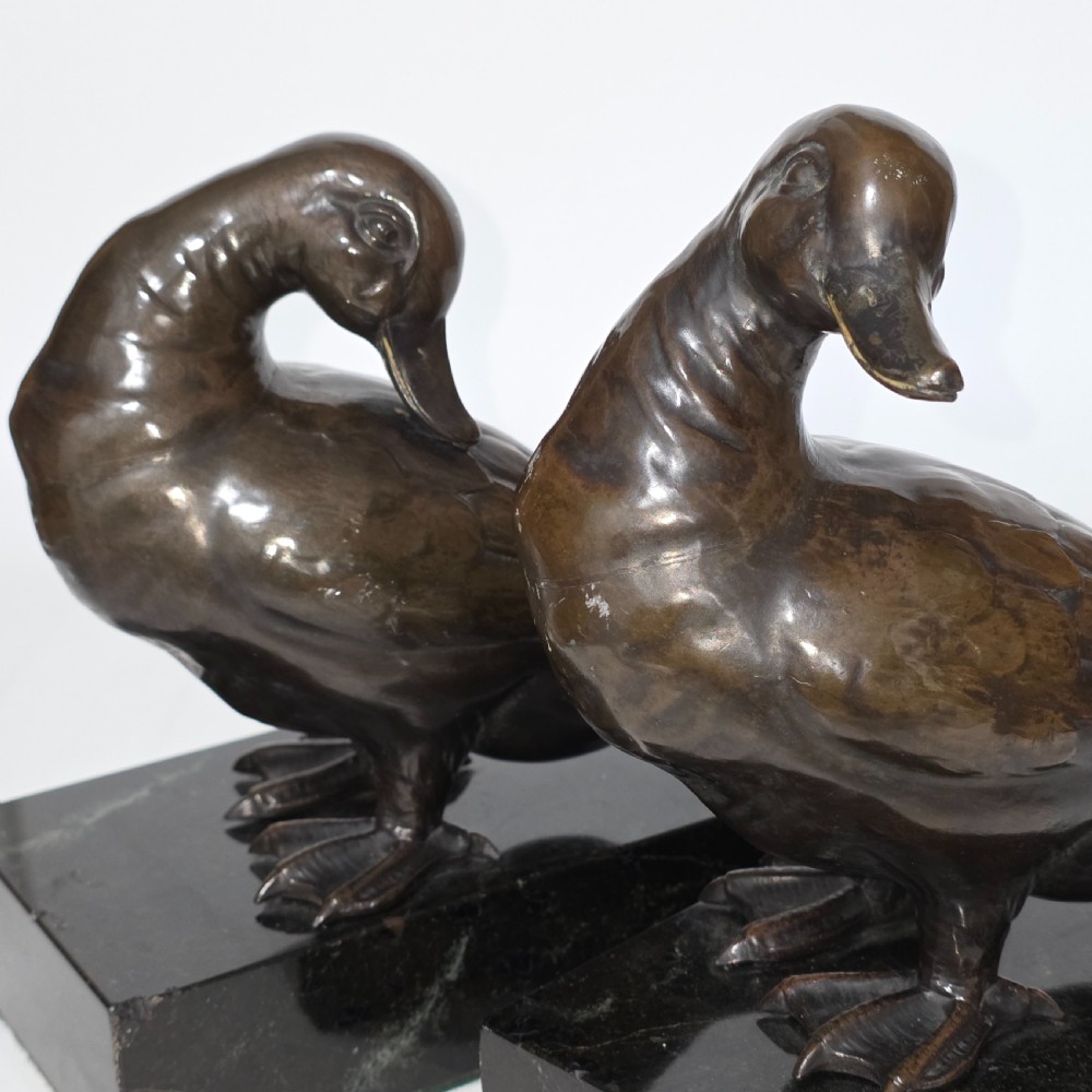 Fine Quality Large Pair of Late 19thc/Early 20thc Continental Bronze Ducks on Marble Plinths 21cm High View XVII