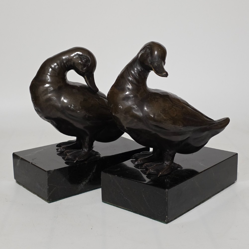 Fine Quality Large Pair of Late 19thc/Early 20thc Continental Bronze Ducks on Marble Plinths 21cm High View XVIII