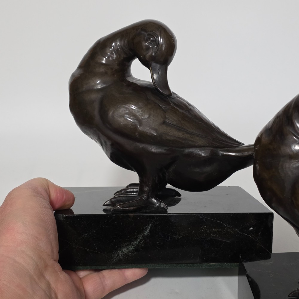 Fine Quality Large Pair of Late 19thc/Early 20thc Continental Bronze Ducks on Marble Plinths 21cm High View XIX