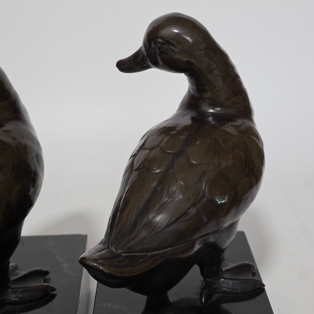 Fine Quality Large Pair of Late 19thc/Early 20thc Continental Bronze Ducks on Marble Plinths 21cm High View XX