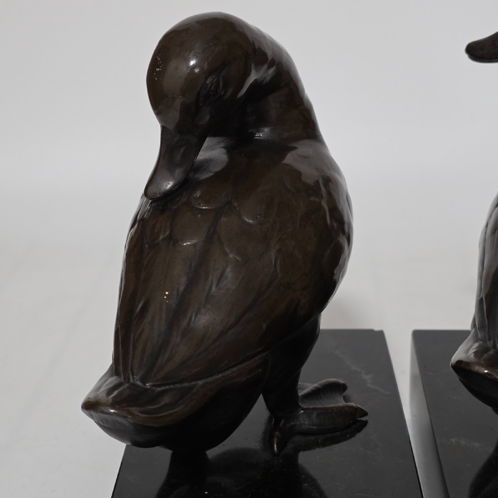 Fine Quality Large Pair of Late 19thc/Early 20thc Continental Bronze Ducks on Marble Plinths 21cm High View XXI