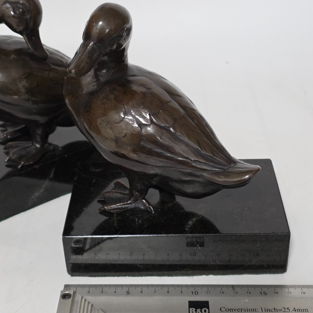 Fine Quality Large Pair of Late 19thc/Early 20thc Continental Bronze Ducks on Marble Plinths 21cm High View XXIII