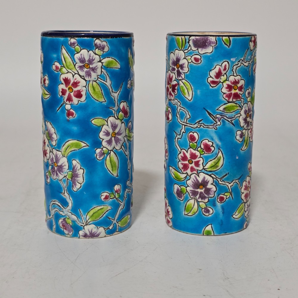 Antique Pair of 19th Century Longwy Enamel Scroll Vases - Pattern D1.88