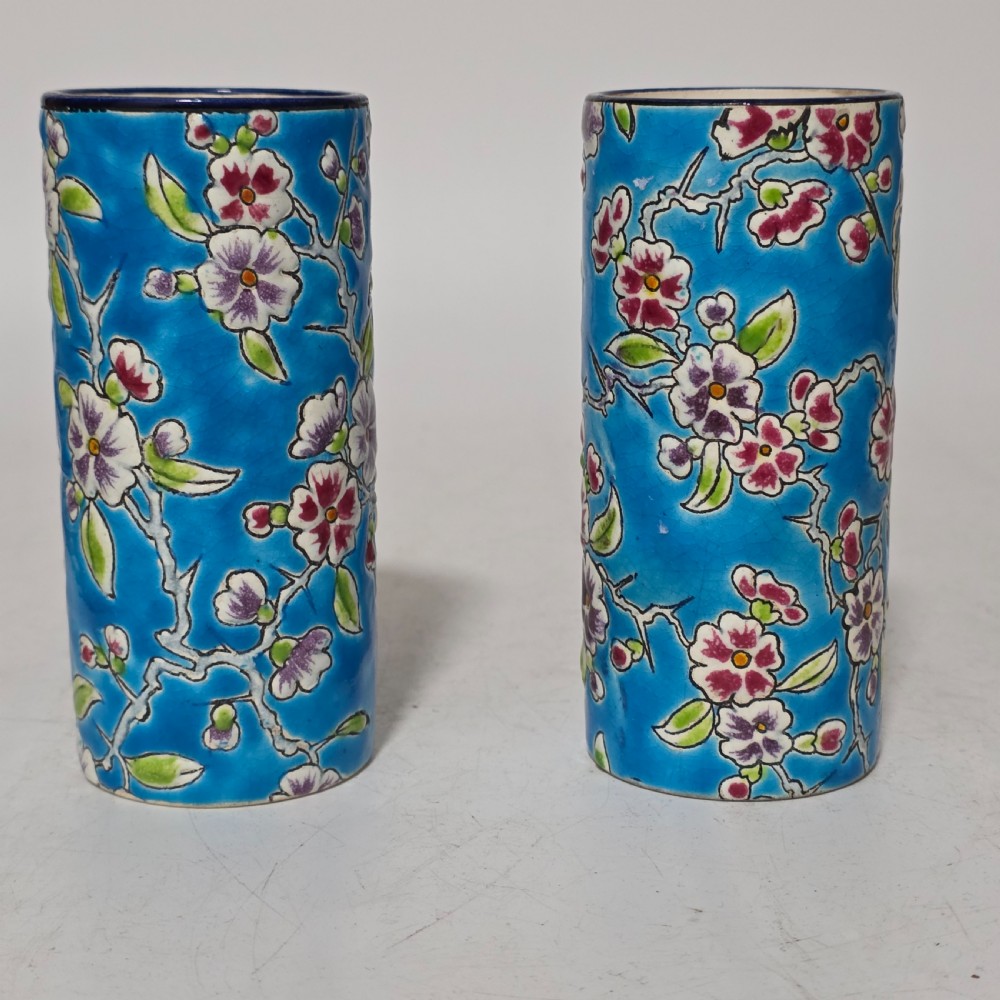 Antique Pair of 19th Century Longwy Enamel Scroll Vases - Pattern D1.88 View II