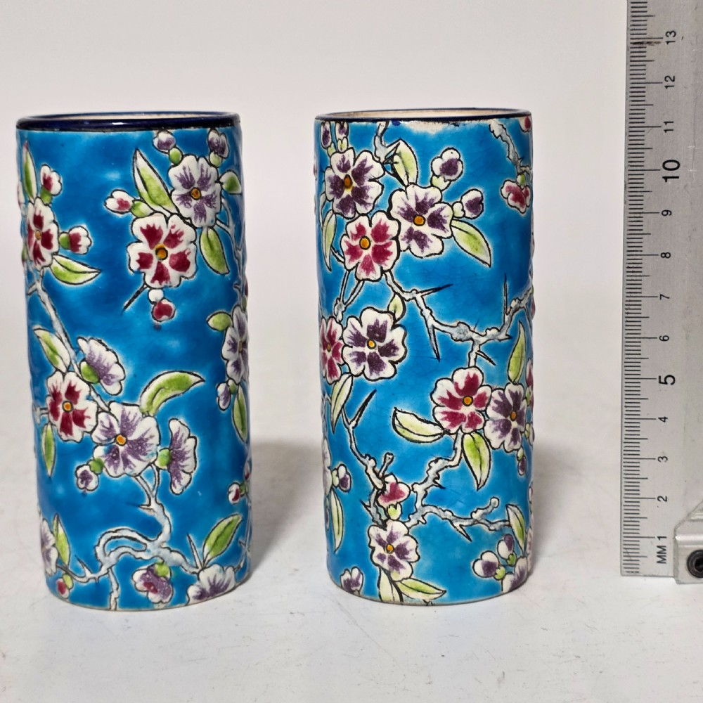 Antique Pair of 19th Century Longwy Enamel Scroll Vases - Pattern D1.88 View VII