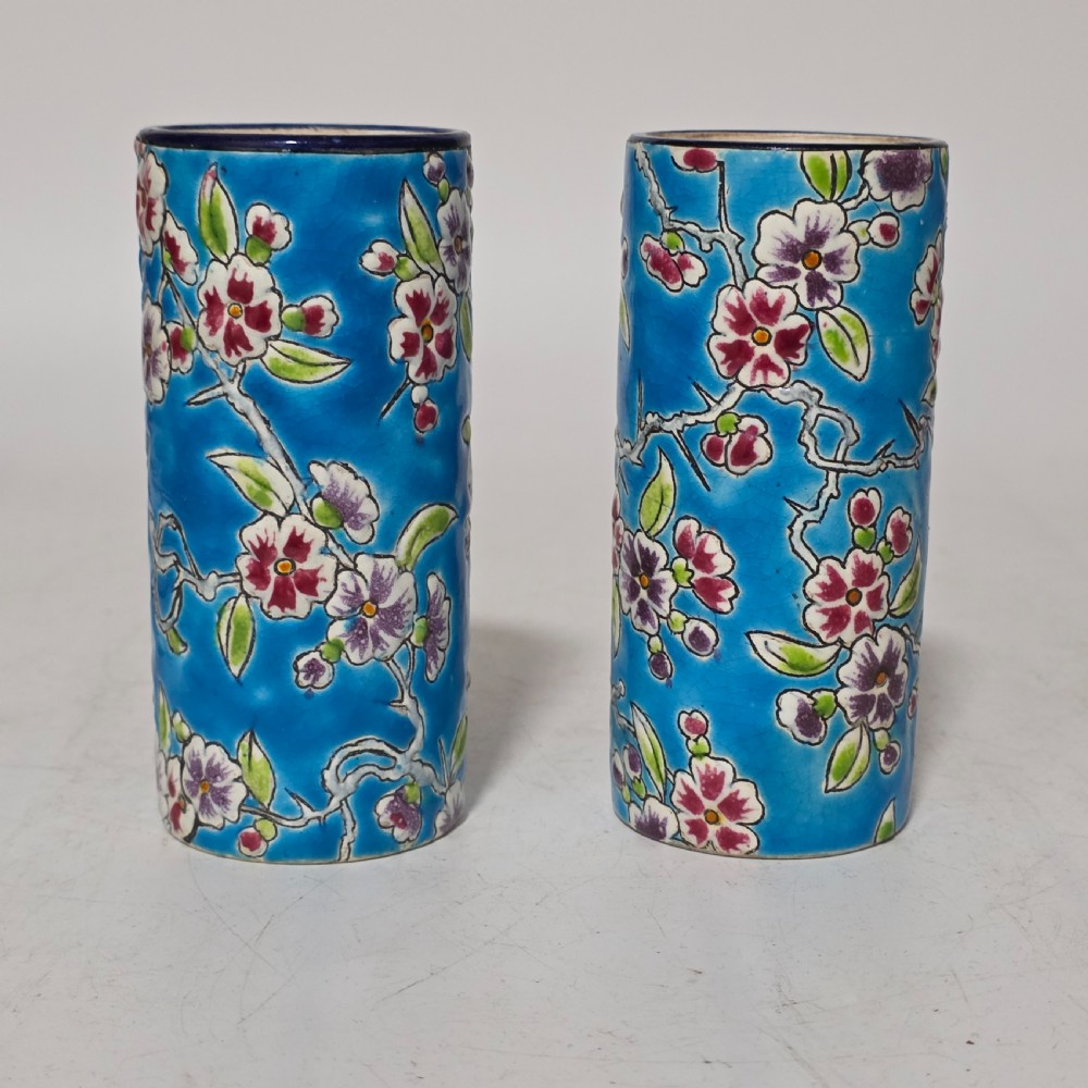 Antique Pair of 19th Century Longwy Enamel Scroll Vases - Pattern D1.88 View VIII