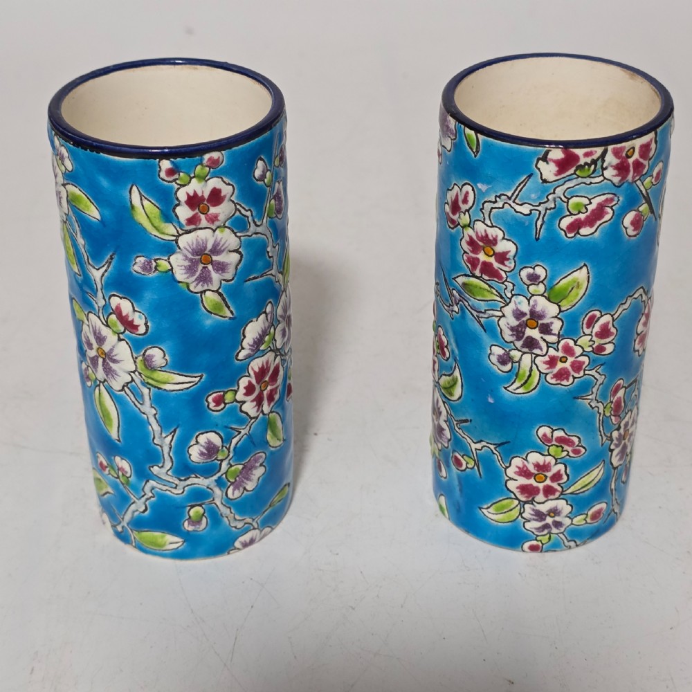 Antique Pair of 19th Century Longwy Enamel Scroll Vases - Pattern D1.88 View IX
