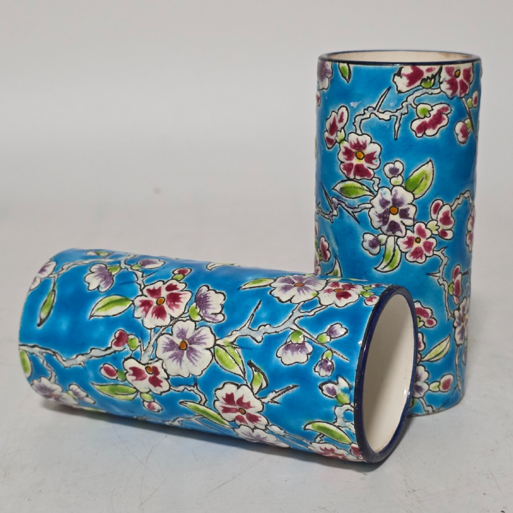 Antique Pair of 19th Century Longwy Enamel Scroll Vases - Pattern D1.88 View X