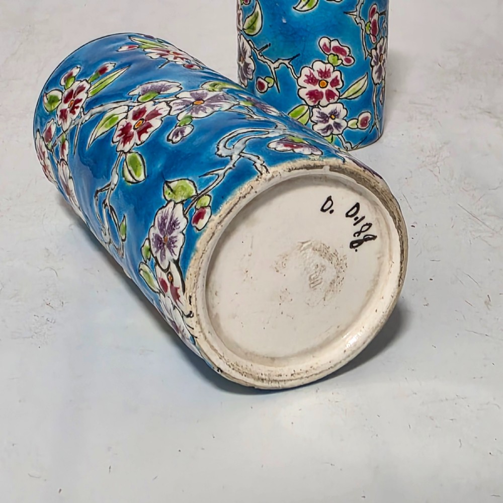 Antique Pair of 19th Century Longwy Enamel Scroll Vases - Pattern D1.88 View XI