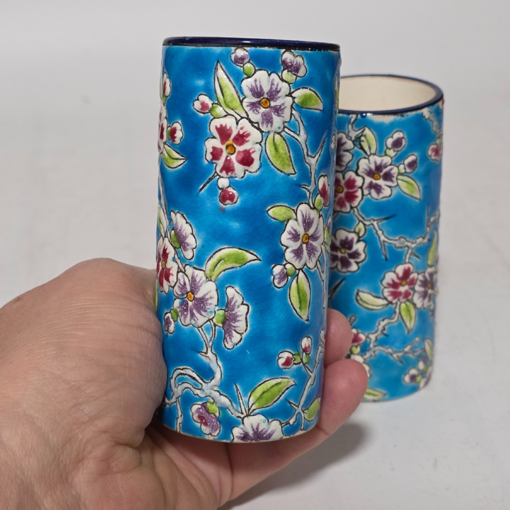 Antique Pair of 19th Century Longwy Enamel Scroll Vases - Pattern D1.88 View XIV