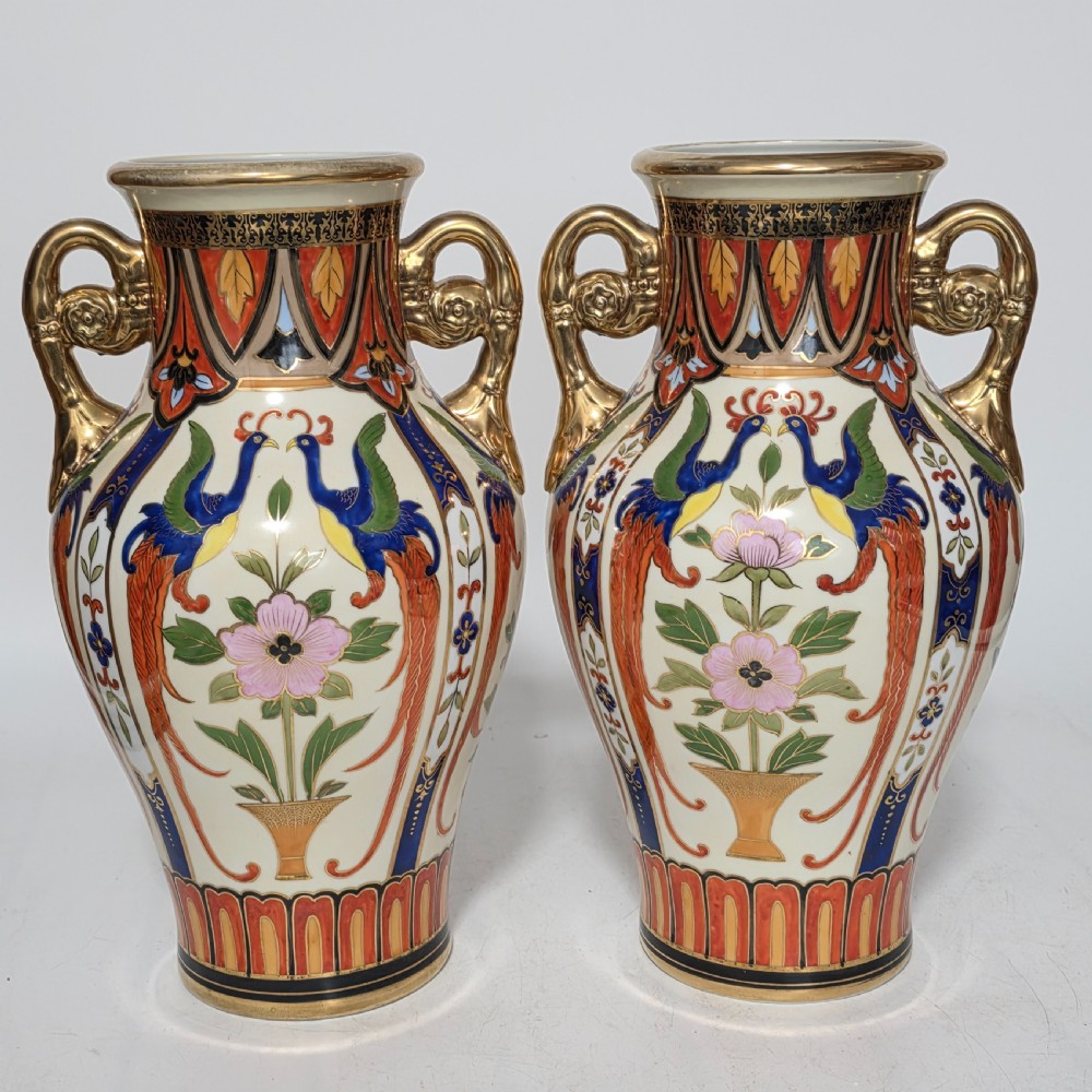 Large Decorative Pair of Twin-Handled Noritake Japanese Vases c1910