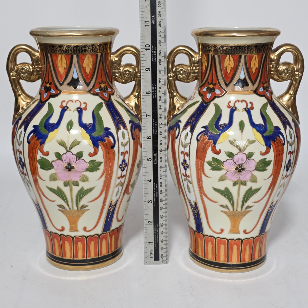Large Decorative Pair of Twin-Handled Noritake Japanese Vases c1910 View III