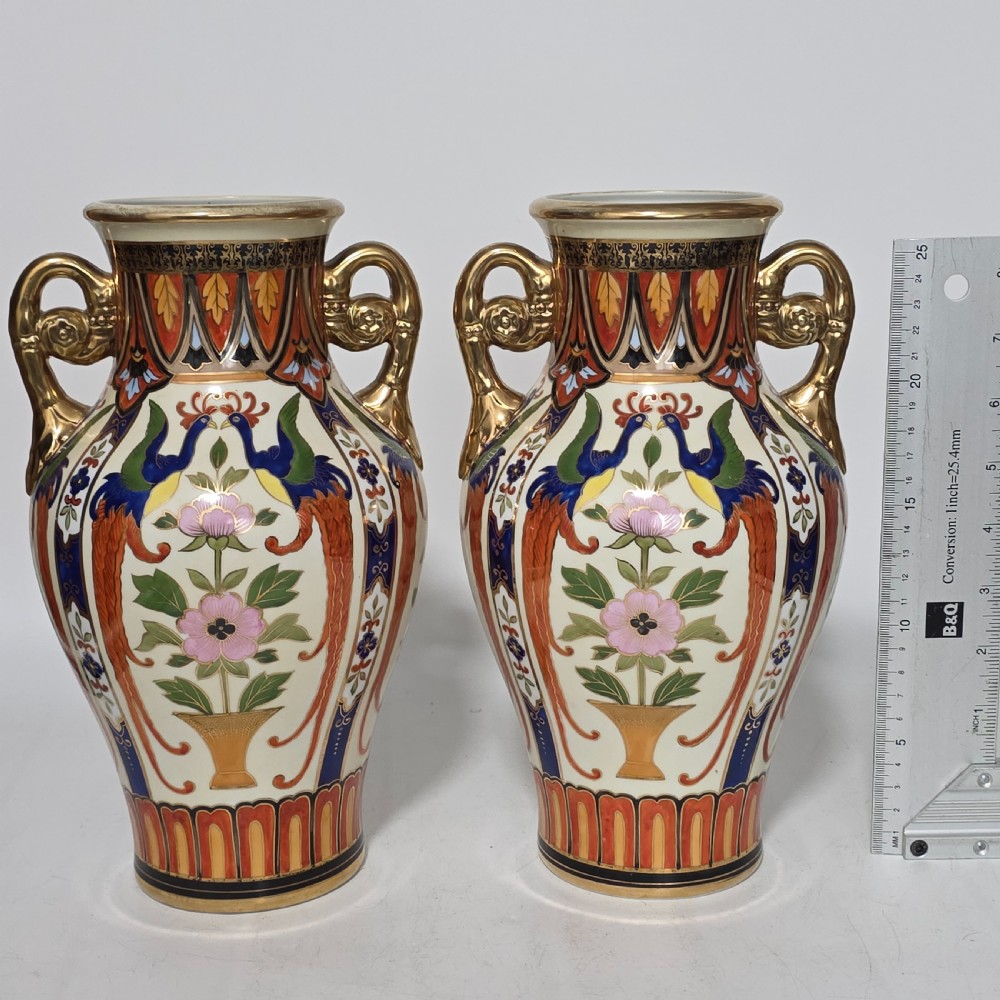Large Decorative Pair of Twin-Handled Noritake Japanese Vases c1910 View IV