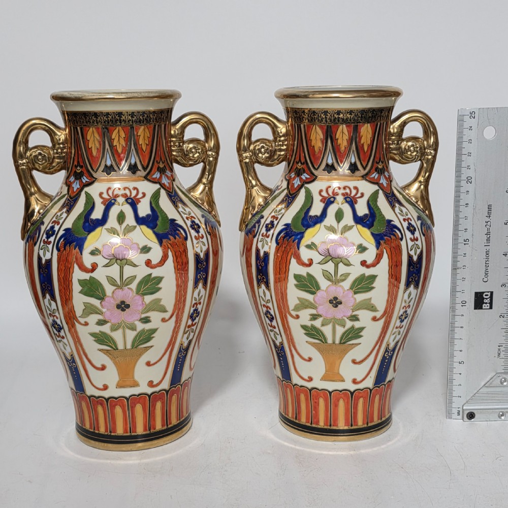 Large Decorative Pair of Twin-Handled Noritake Japanese Vases c1910 View VII