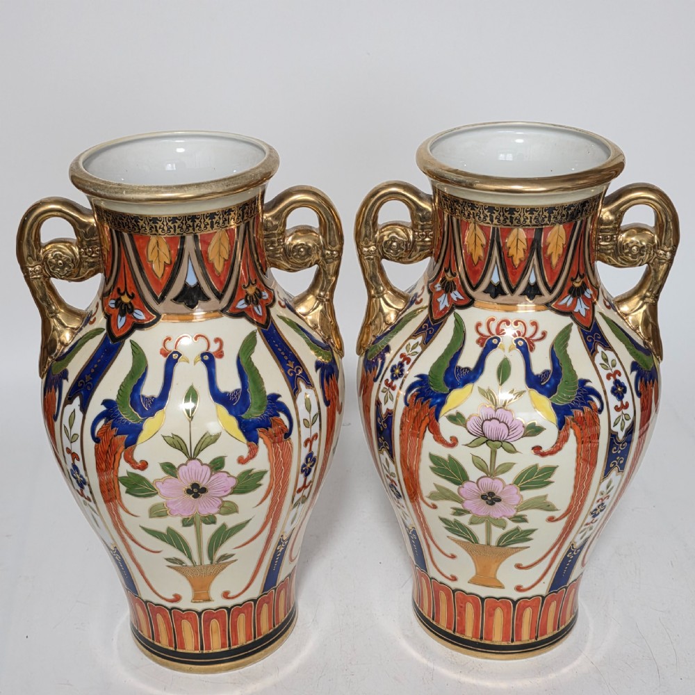 Large Decorative Pair of Twin-Handled Noritake Japanese Vases c1910 View VIII