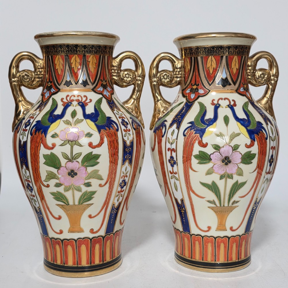 Large Decorative Pair of Twin-Handled Noritake Japanese Vases c1910 View X