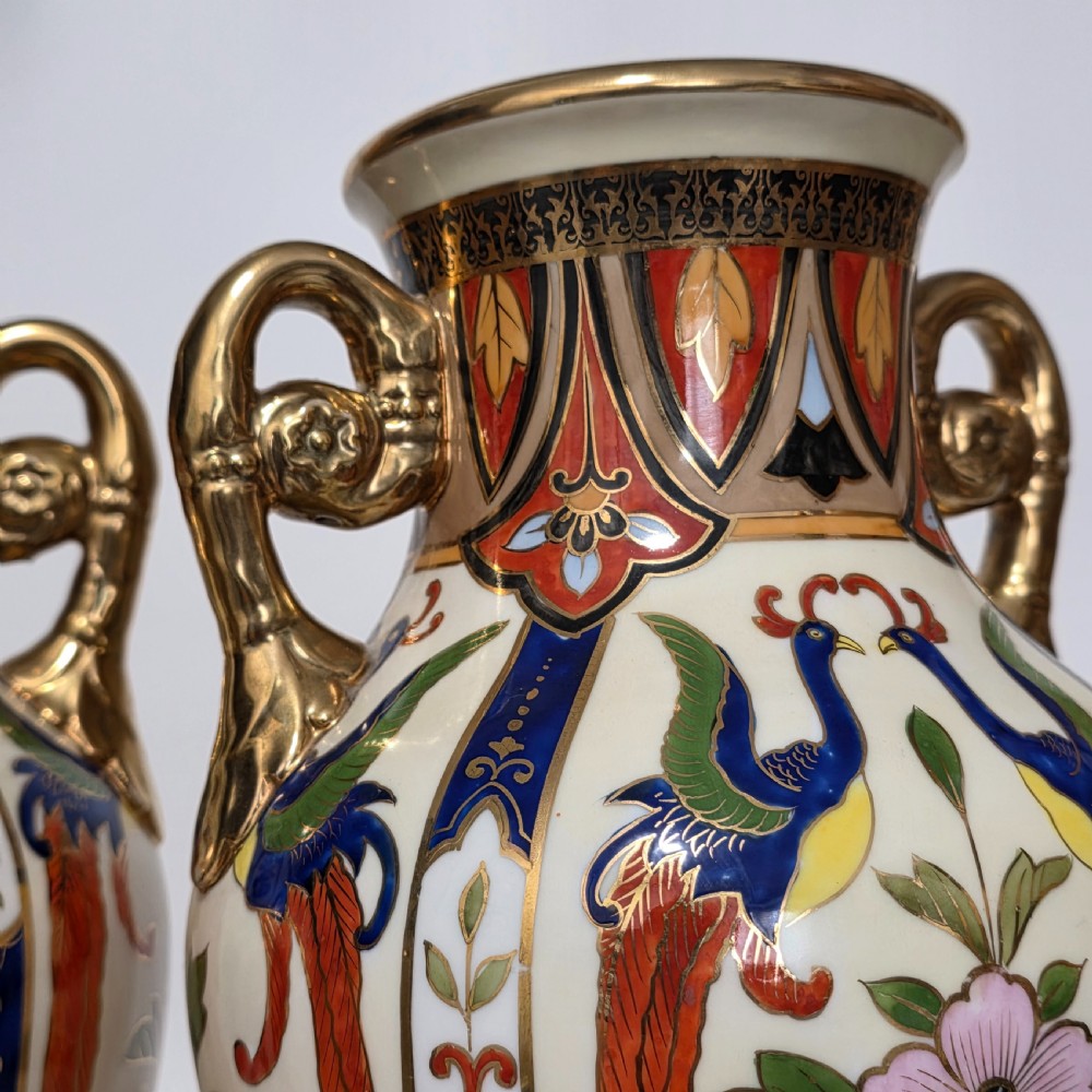 Large Decorative Pair of Twin-Handled Noritake Japanese Vases c1910 View XI