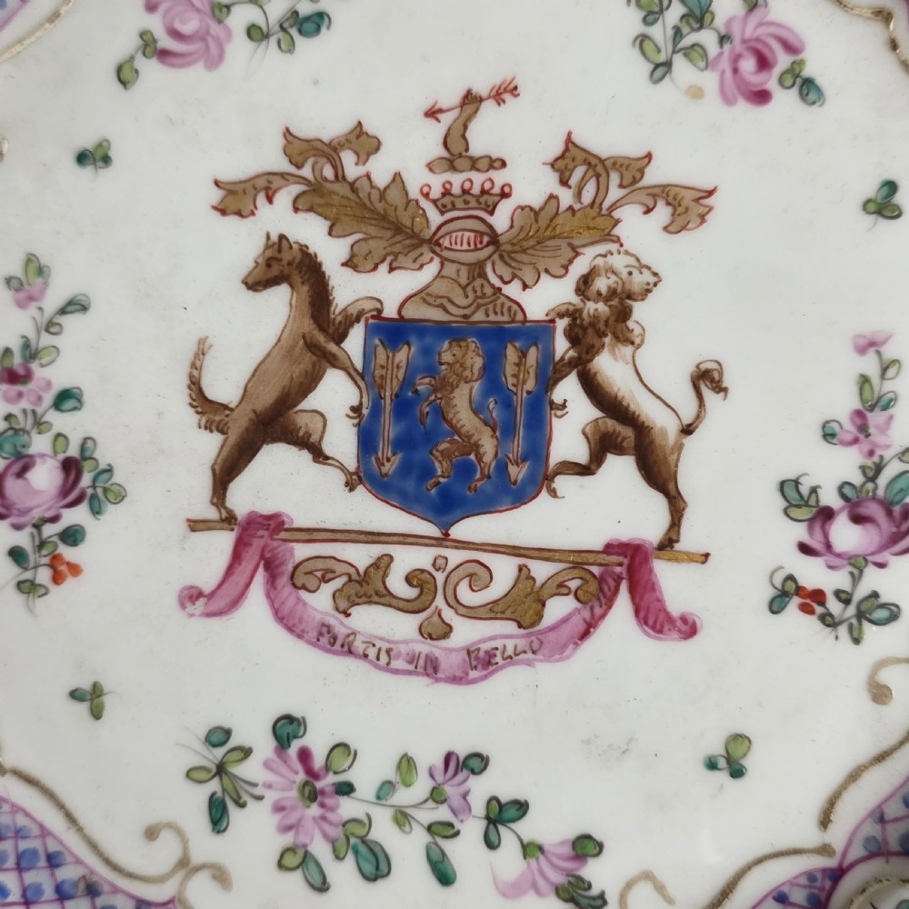 A pair of nineteenth-century Samson porcelain cabinet plates featuring hand-painted coat of arms crests surrounded by floral sprays and purple lattice borders. View XI